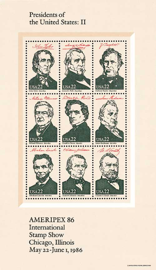 2217 - 1986 22c AMERIPEX '86: Presidents Tyler-Grant