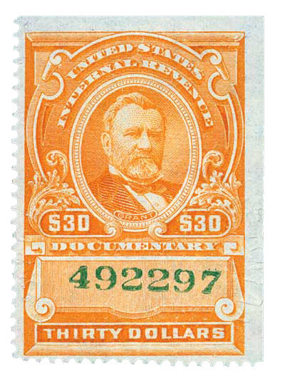 R246 - 1917 $30 U.S. Internal Revenue Stamp, Deep Orange, Perf. 12, No Gum, Without "Series 1915", Numerals in Green