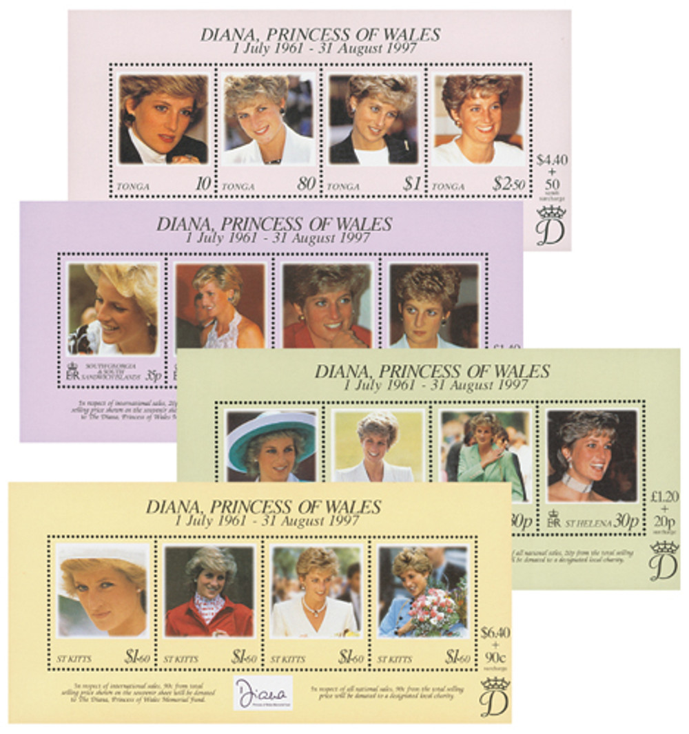 M6234 - Diana Princess of Wales Memorial Fund Mint Sheets, Set of 4, Worldwide