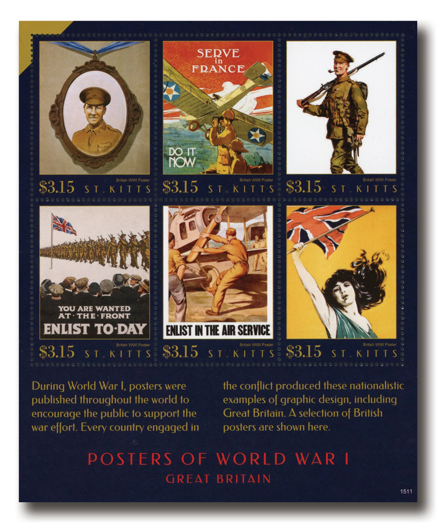 MFN556 - 2015 $3.15 Posrters of World War I, Mint Sheet of 6, St Kitts