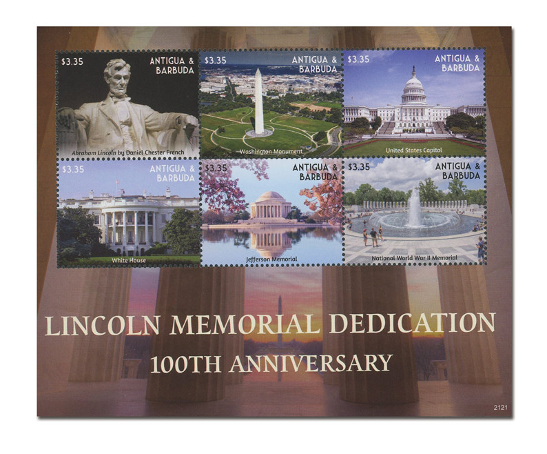 MFN202 - 2021 $3.35 Lincoln Memorial Dedication - 100th Anniversary, Mint, Sheet of 6 Stamps, Antigua & Barbuda