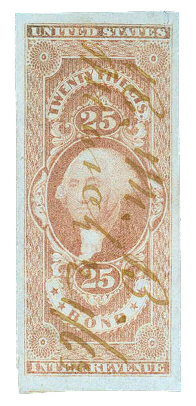 R43a - 1862-71 25c U.S. Internal Revenue Stamp, Bond, Red, Imperf.