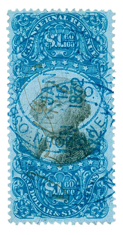 R121 - 1871 $1.60 U.S. Internal Revenue Stamp, Blue & Black