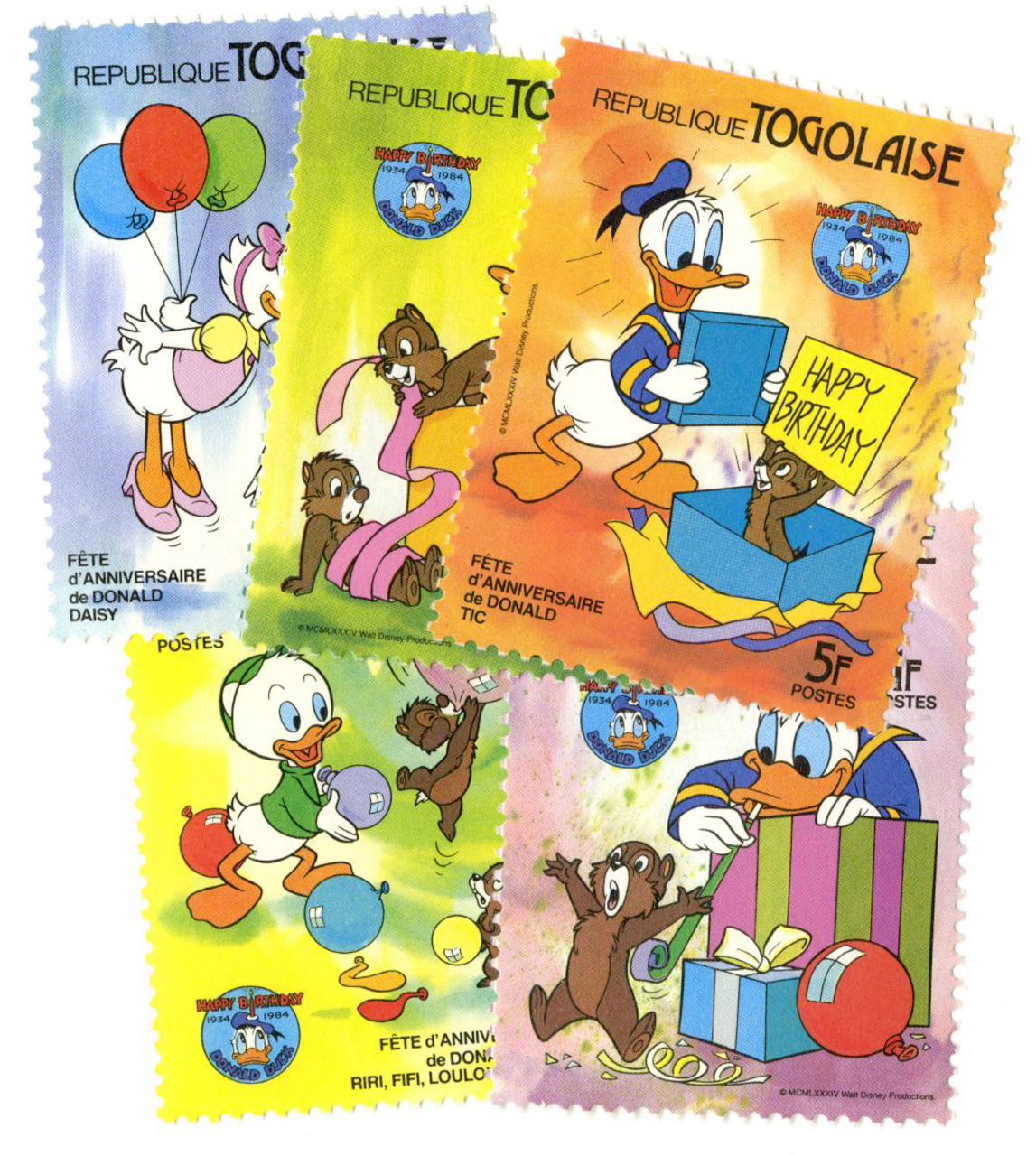 MDS207 - 1984 Disney Celebrates - Donald Duck's 50th Anniversary, Mint, Set of 5 Stamps, Togo