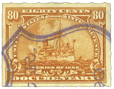 R172 - 1898 80c Battleship, Documentary Revenue Stamp, Bister, Rouletted 5.5
