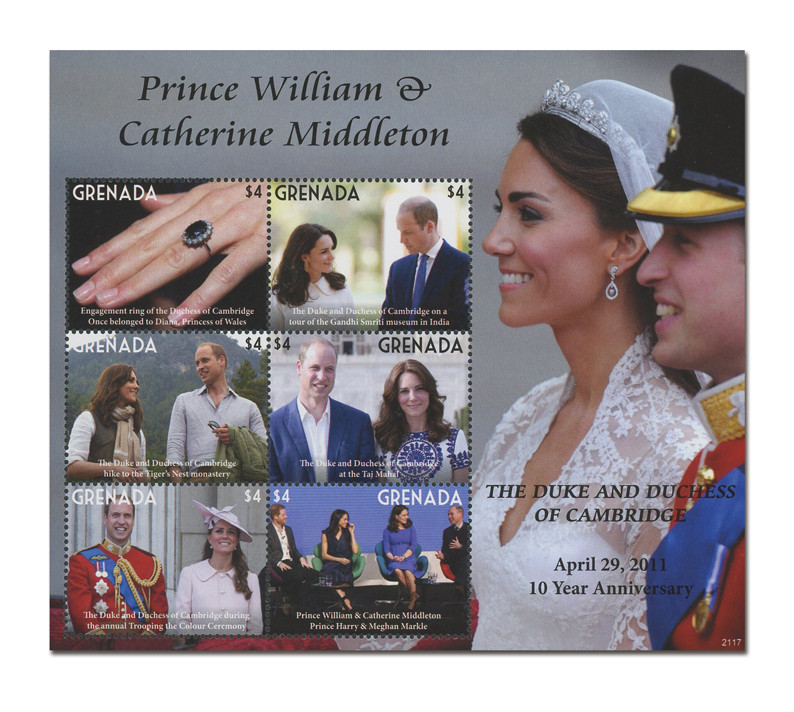 MFN258 - 2021 $4 Prince William & Catherine Middleton, 10 Year Anniversary, Mint Sheet of 6, Grenada