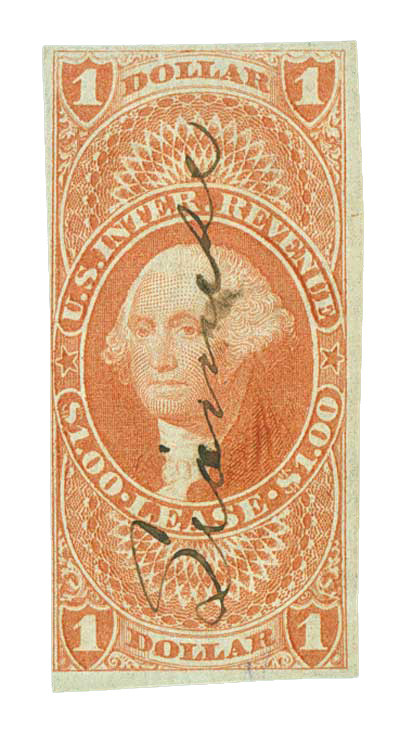 R70a - 1862-71 $1 U.S. Internal Revenue Stamp, Lease, Red, Imperf.