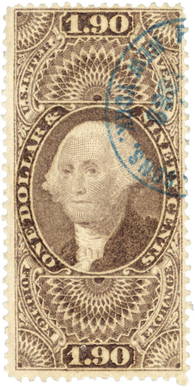 R80 - 1862-71 $1.90 US Internal Revenue Stamp - Foreign Exchange, old paper, purple