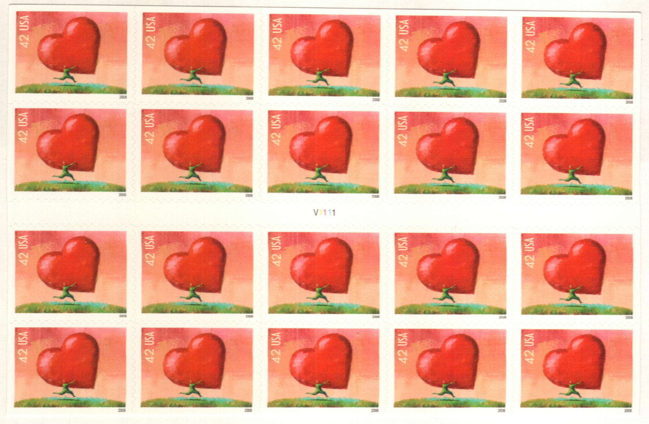 4270a - 2008 42c Love Series: All Heart, Booklet Pane of 20 Stamps