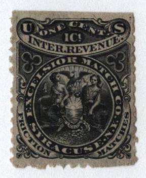 RO82d - 1878-83 1c Excelsior Match Co, Syracuse, NY, Black, Double Line Watermark USIR