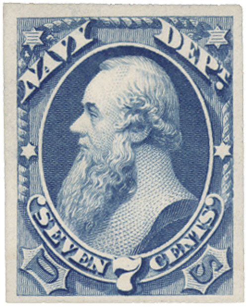 O39P4 - 1873 7c Navy Department Official, Ultramarine, Plate Proof on Card