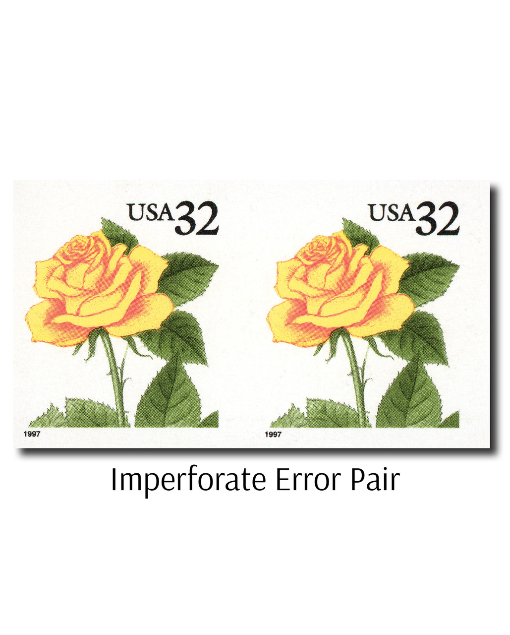 3054a - 1997 32c Flora & Fauna Series: Yellow Rose, Imperf. Error