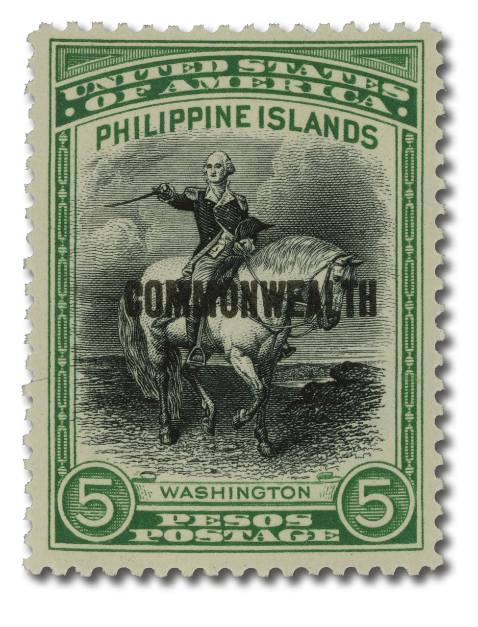 PH424 - 1937 5p Washington, Green & Black, Philippine Islands, Commonwealth Overprint in Black