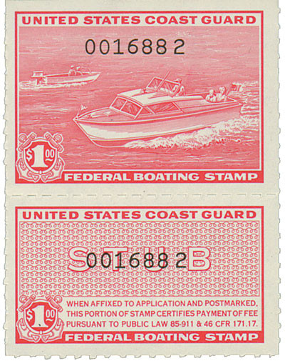 RVB1 - 1960 $1 U.S. Coast Guard Boating Tax, Rose Red, Black Number Overprint