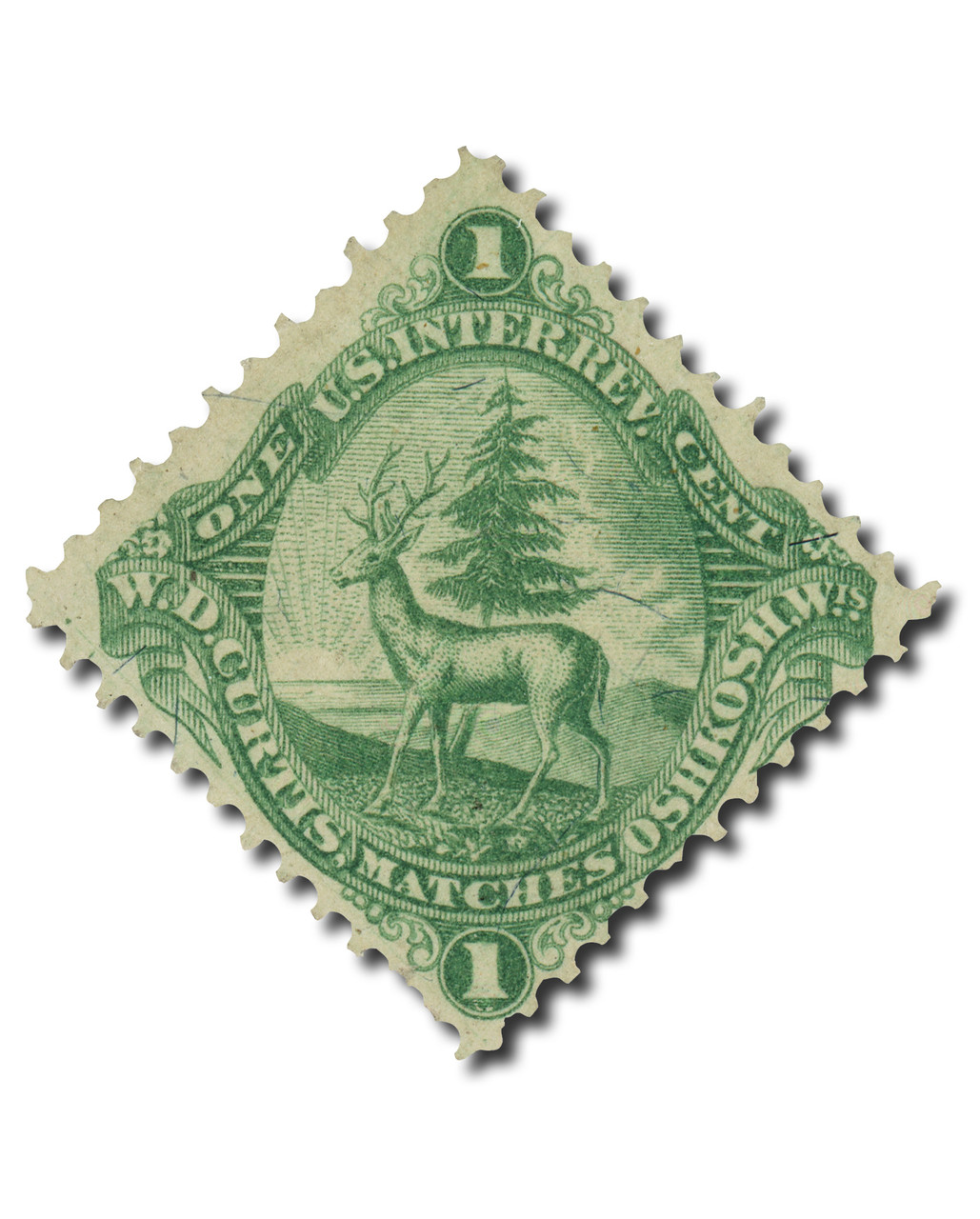 RO68b - 1871-77 1c W. D. Curtis Matches, Green, Silk Paper