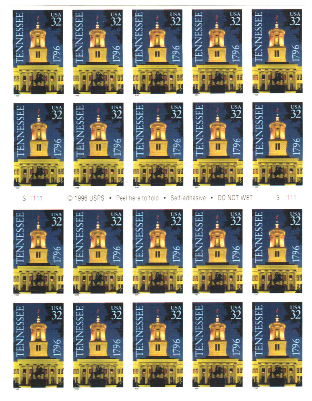 3071a - 1996 32c Tennessee Statehood, Booklet Pane of 20 Stamps