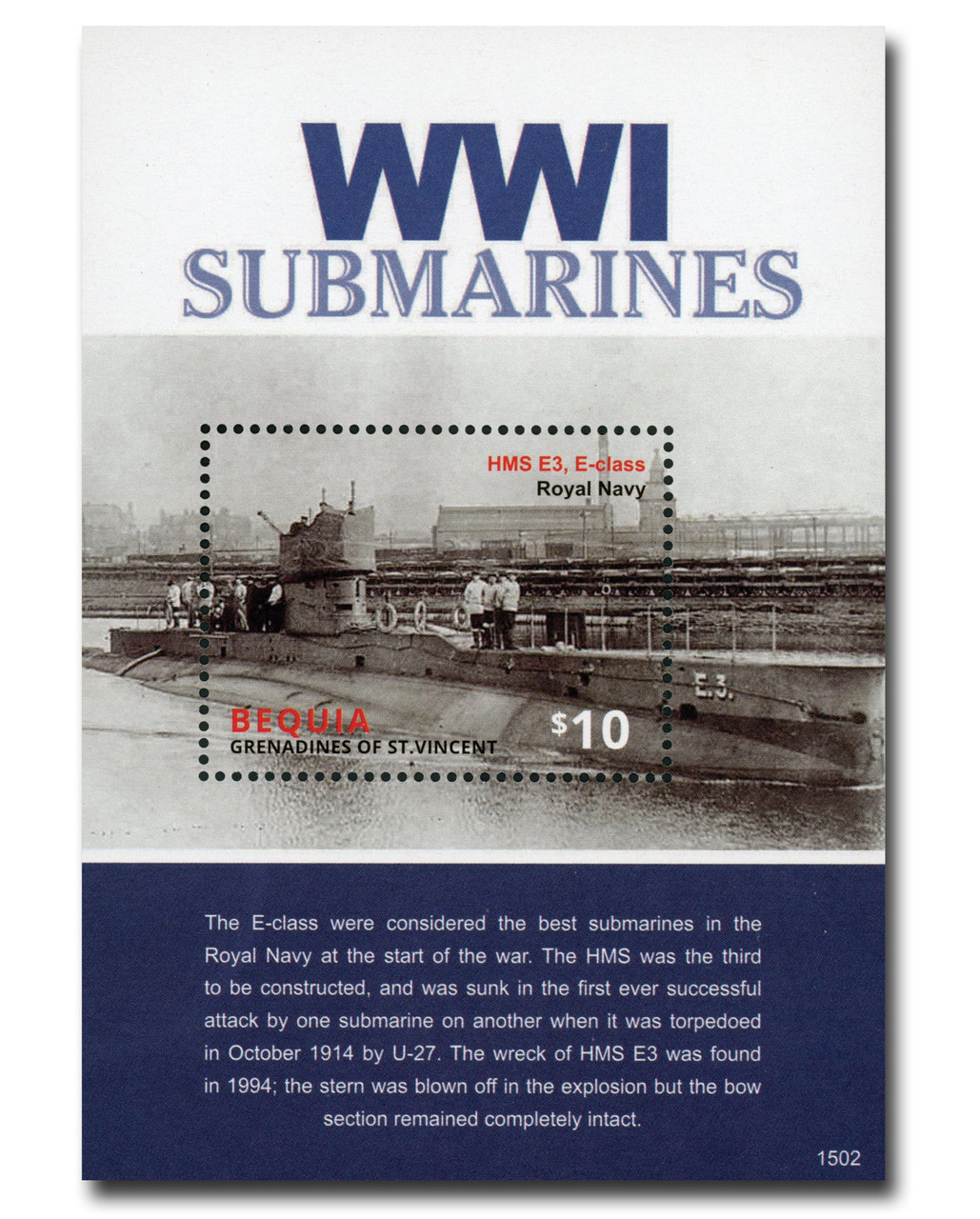 MFN591 - 2015 $10 World War I Submarines: HMS E3, E-class, Royal Navy, Bequia