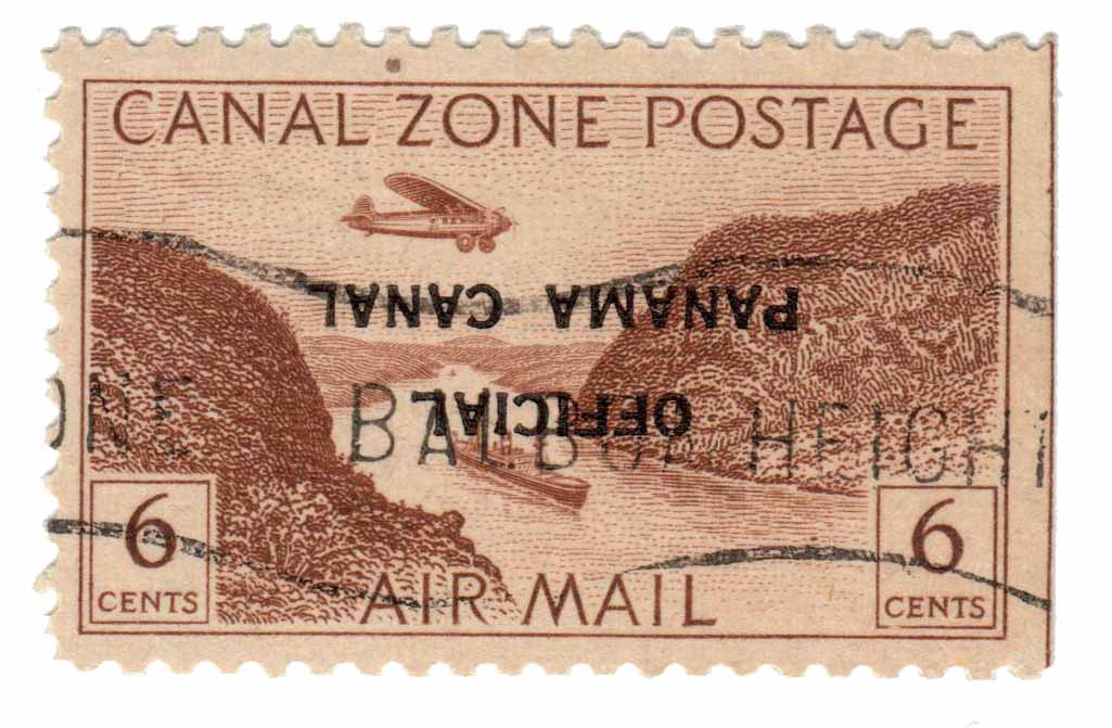 CZCO14a - 1947 6c Canal Zone Official Airmail, Gaillard Cut, Panama Canal Inverted Overprint, Yellow Brown