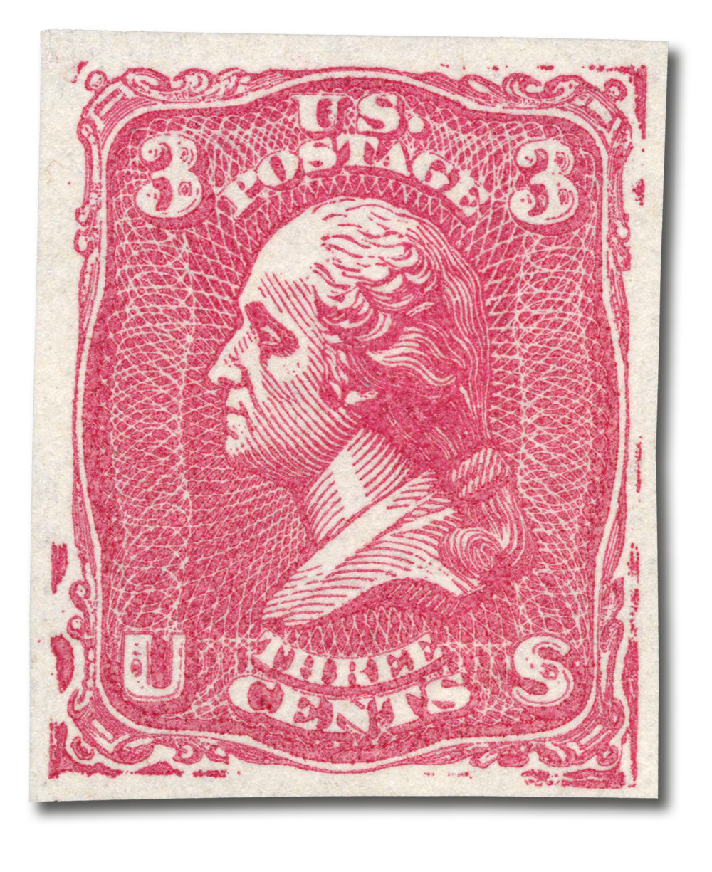 切手11 79-E25a - 1861 3c Washington Essay, Dark Red, Plate on Hard White