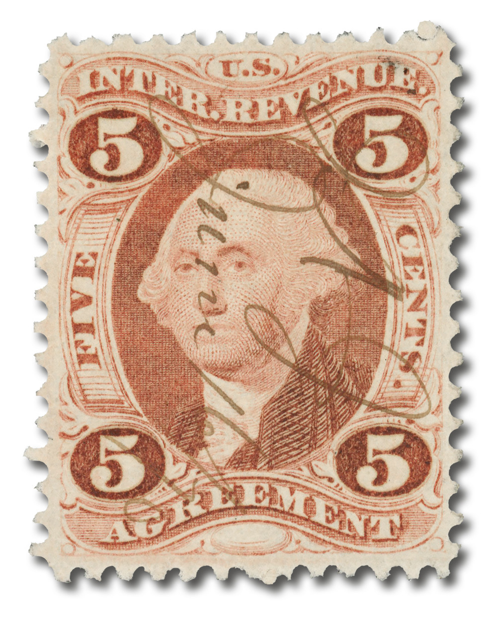 R23 - 1862-71 5c U.S. Internal Revenue Stamp, Agreement, Red, Perf