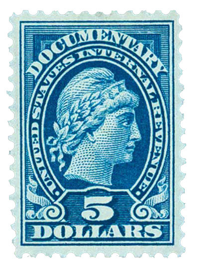 R244 - 1917-33 $5 U.S. Internal Revenue Stamp, Dark Blue, Double Line Watermark, Perf. 11, Without "Series 1914"