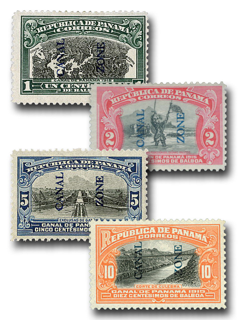 CZ42-45 - 1915 Blue Canal Zone Overprints Type II, Complete Set of 4 Stamps