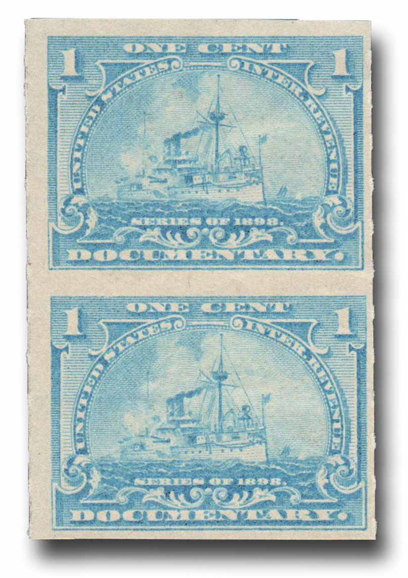 R163a - 1898 1c Battleship, Documentary Revenue Stamp, Pale Blue, Rouletted 5.5, Vertical Pair, Imperf. Between