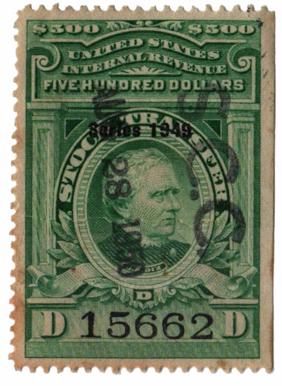 RD308 - 1949 $500 Stock Transfer Stamp, Bright Green, No Gum