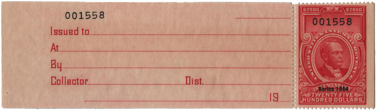 R685 - 1954 $2500 U.S. Internal Revenue Stamp, Carmine, No Gum