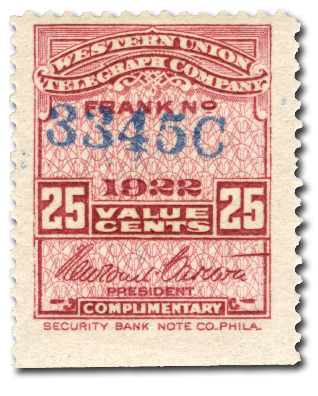 16T62 - 1922 5c Western Union Telegraph Company, Claret, Newcomb Carlton Signature