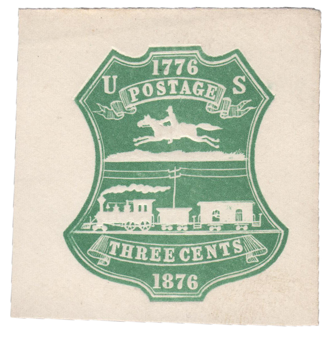 U219 - 1876 3c Stamped Envelope, Green, Horse Rider & Train