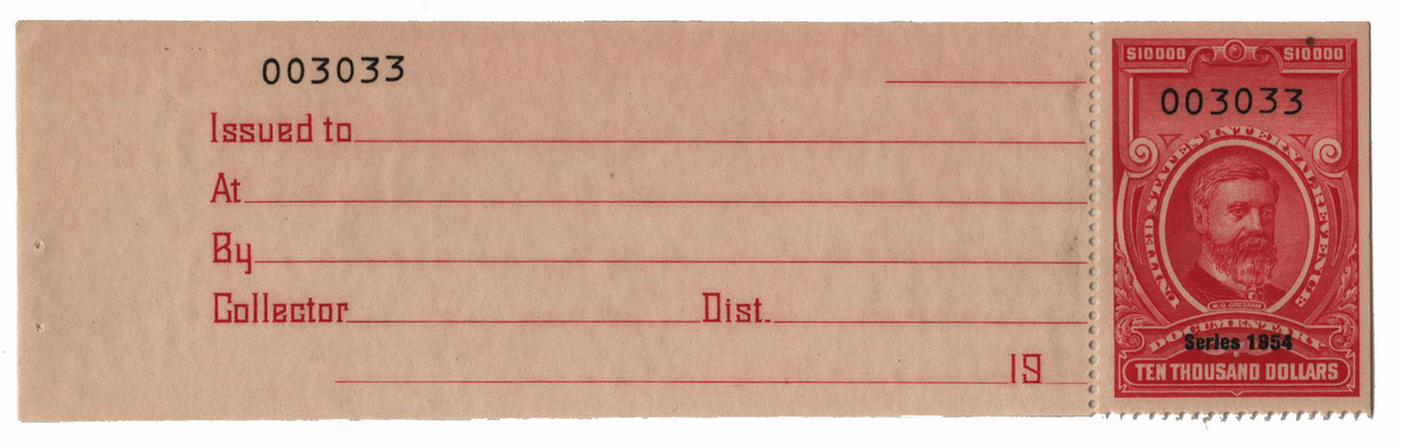 R687 - 1954 $10000 U.S. Internal Revenue Stamp, Carmine, No Gum