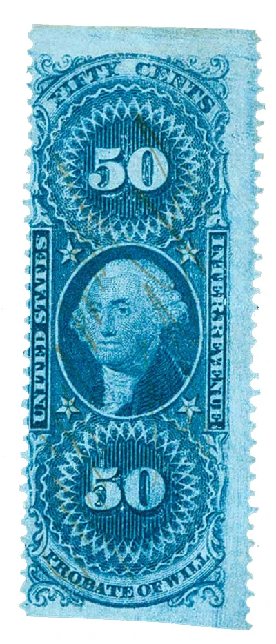 R62b - 1862-71 50c  U.S. Internal Revenue Stamp, Probate of Will, Blue, Part Perf.