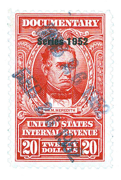 R610 - 1952 $20 U.S. Internal Revenue Stamp, Carmine