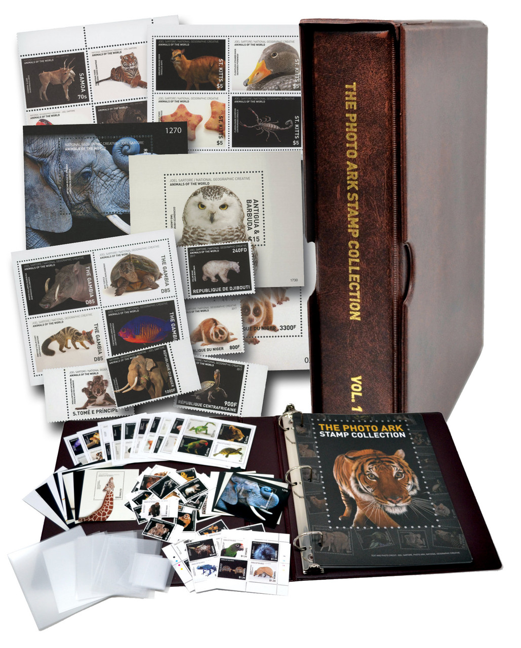 MFN130 - National Geographic "The Photo Ark" Stamp Collection, Mint, 109 Stamps, Mounts and FREE Album with Illustrated Pages