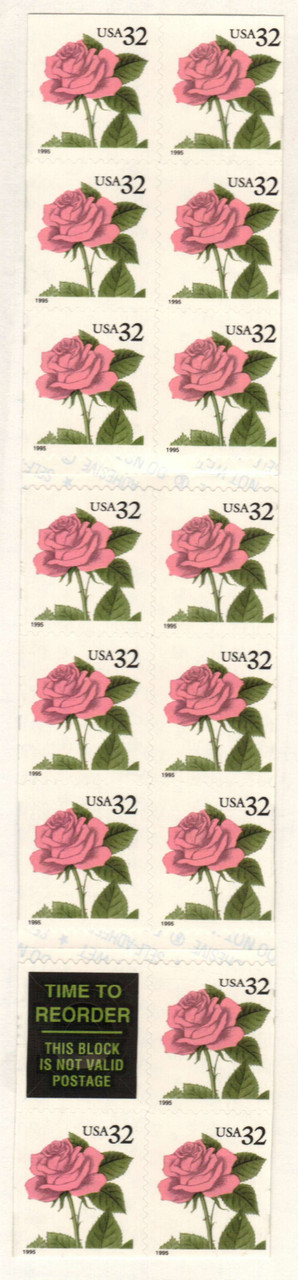 2492b - 1995 32c Flora & Fauna Series: Pink Rose, Booklet Pane of 15 stamps plus Label