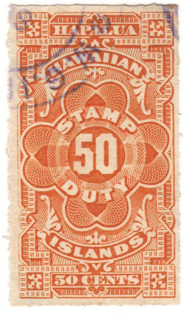HR2 - 1877 50c Hawaii Revenue, Yellow Orange, Engraved