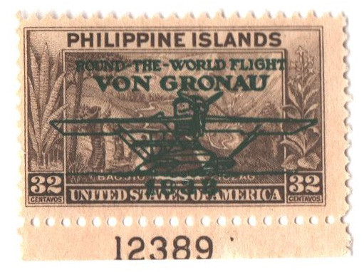 PHC35 - 1932 32c Philippine Islands Airmail, Baguio Zigzag, Olive Brown, Von Gronau Overprint in Black