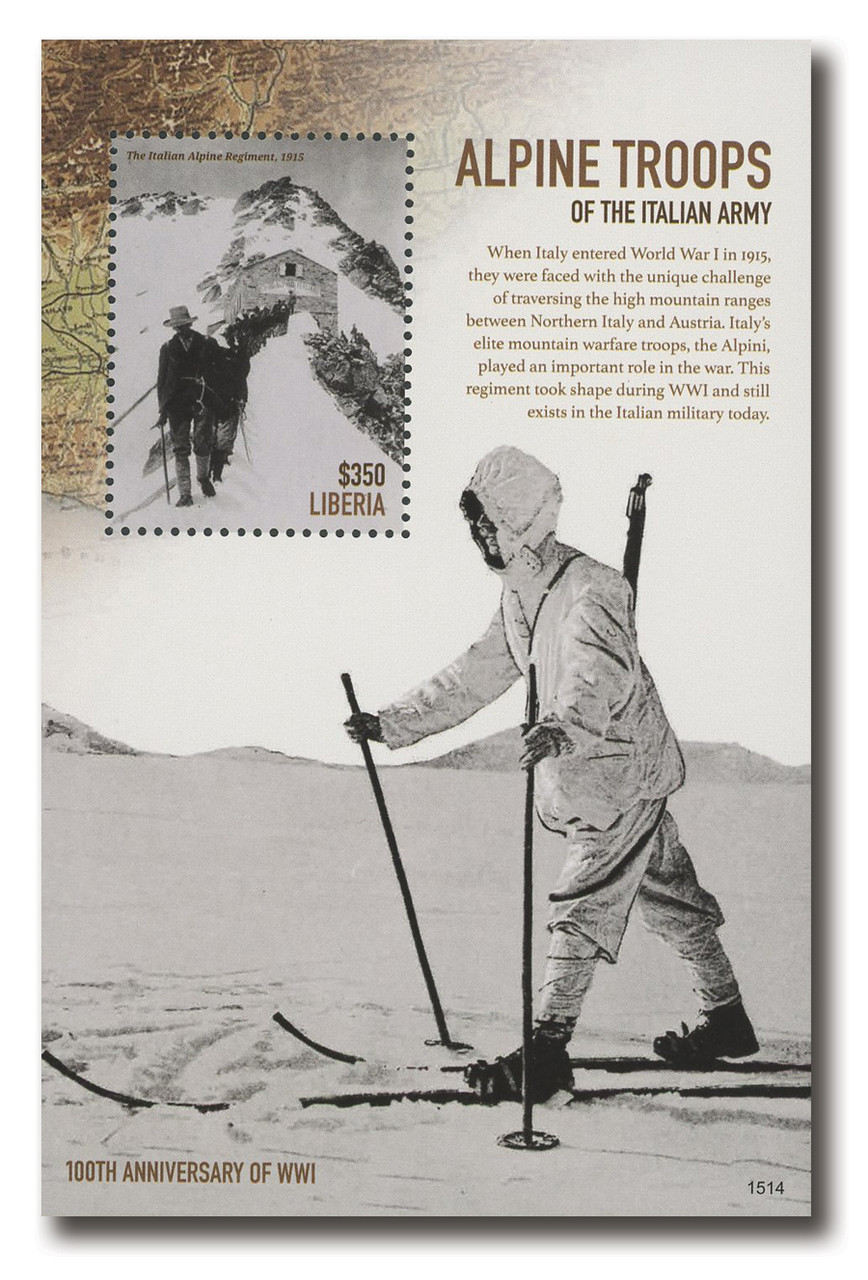 MFN340 - 2015 $350 100th Anniversary of WWI-Alpine Troops of the Italian Army, Mint Souvenir Sheet, Liberia