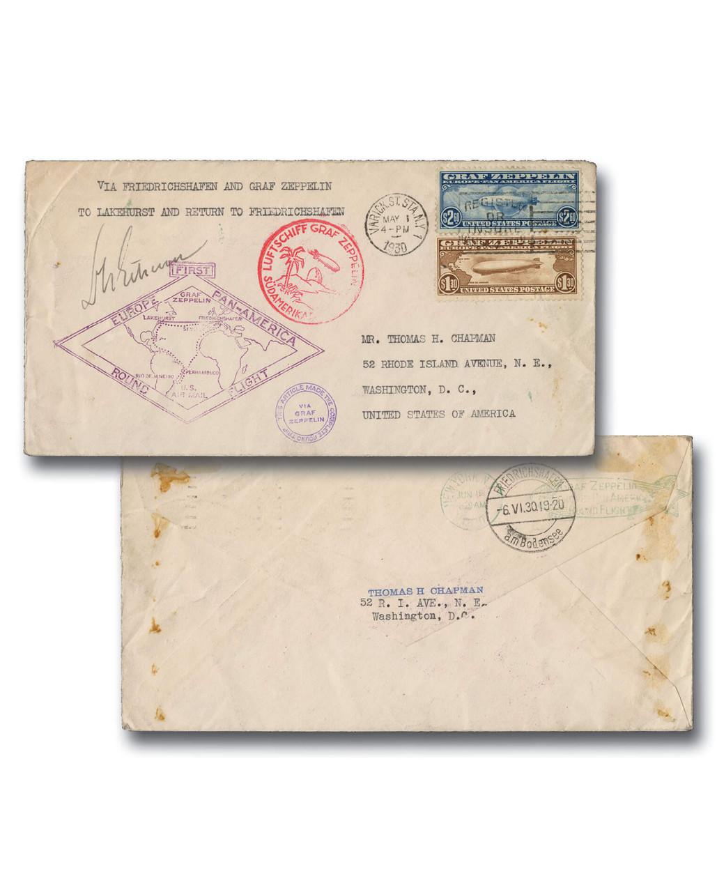 stamps 3.1～ MA1783 - 1930 Graf Zeppelin First Flight Cover C14-15 - Mystic