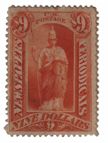 PR27 - 1875 $9 Newspaper & Periodical Stamp, Yellow Orange, Hard Paper