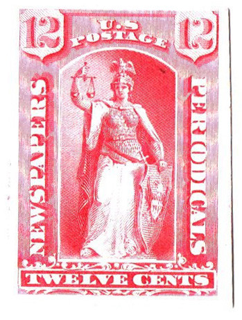 PR16P4 - 1875 12c Newspaper & Periodical, Rose, Plate Proof on Card