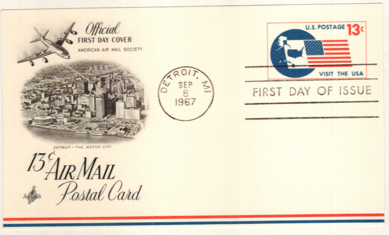UXC8 - 1967 13c Air Mail Postal Card, Visit the USA - Mystic Stamp