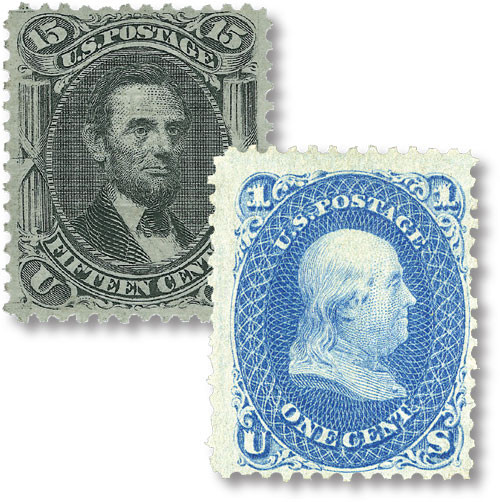 91-92 - 1867 15c Lincoln & 1c Franklin E & F Grills, 2 Stamps