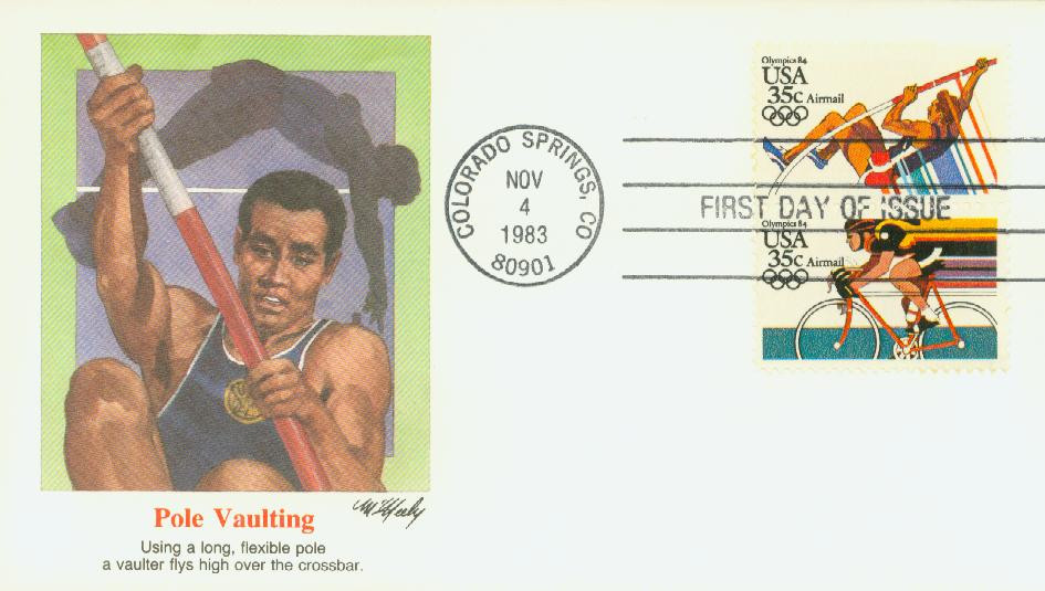 C112w - 1983 35c Summer Olympics '84: Pole Vault & Cycling, First Day Cover