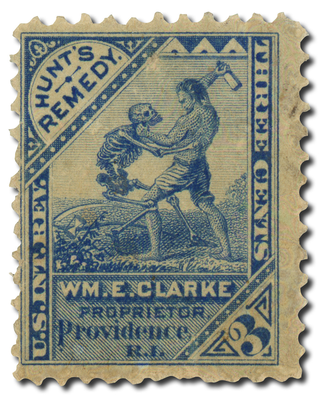 RS56d - 1878-83 3c Wm. E. Clarke Hunt's Remedy, Blue, Double Line Watermark USIR