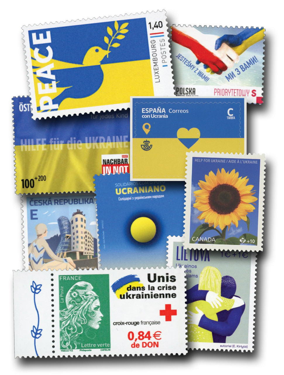 MFN528 - 2022 Ukraine Support, 9 Mint Stamps, Canada, Poland, Czech Rep, Austria, Portugal, Luxembourg, Spain, France, Lithuania