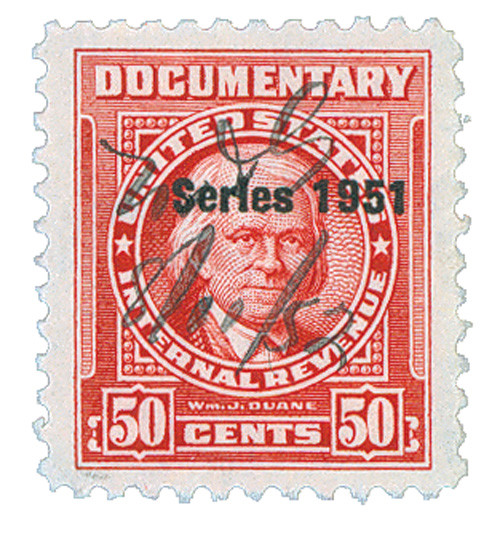 R571 - 1951 50c U.S. Internal Revenue Stamp, Carmine