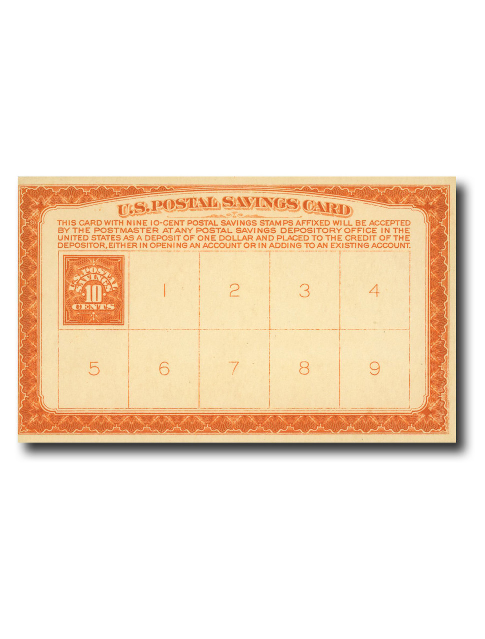 PS2 - 1911 10c Postal Savings, Orange, Imprinted on Deposit Card