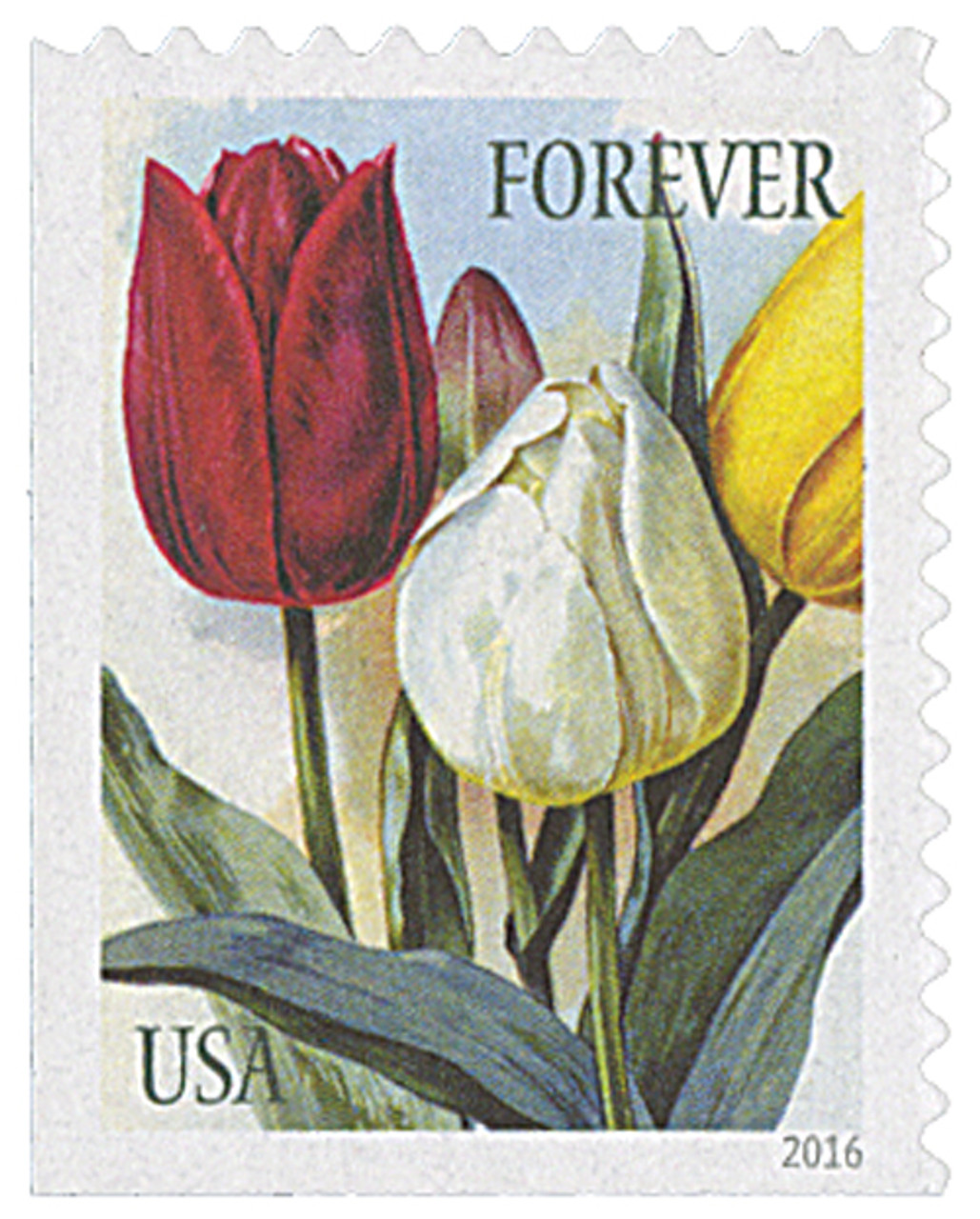 5044 - 2016 First-Class Forever Stamp - Botanical Art: Red, White and Yellow Tulips